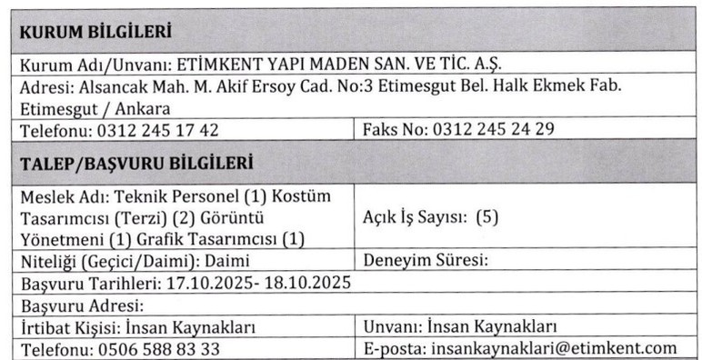 Etimesgut Belediyesi Etimkent 5 daimi personel alacağını duyurdu!