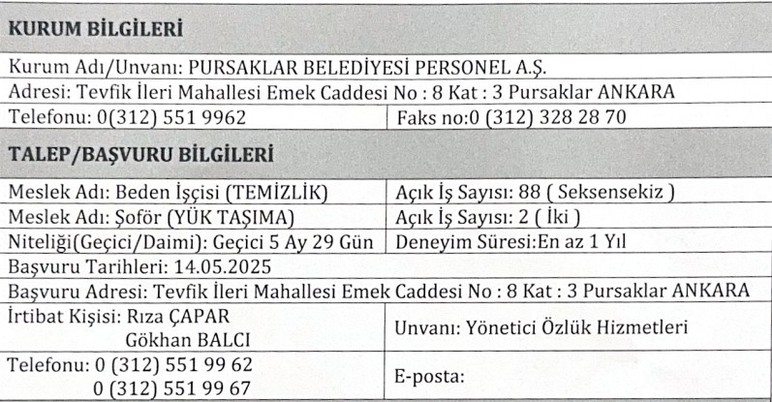 Pursaklar Belediyesi 90 işçi alıyor: Yaş ve sınav şartı yok