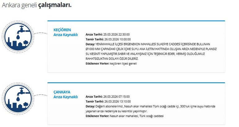 ASKİ'den Keçiören ve Çankaya için su kesintisi duyurusu