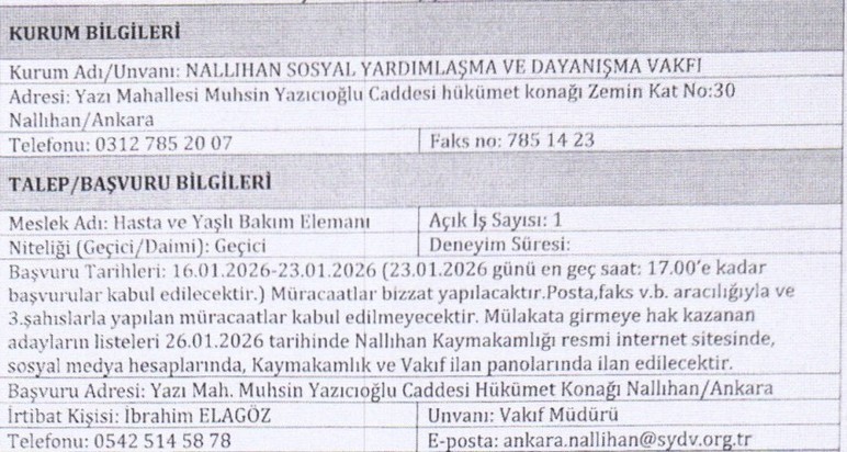 Nallıhan Sosyal Yardımlaşma ve Dayanışma Vakfına geçici işçi alınacak