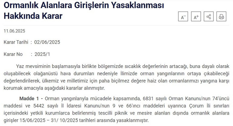 Çorum'da ormanlık alanlara girişler 15 Haziran'dan itibaren yasaklanıyor