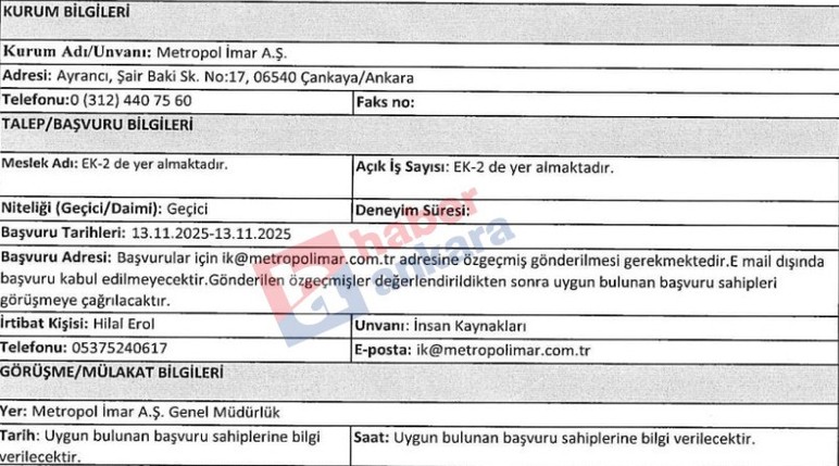 ABB Metropol İmar 50 geçici işçi alımı yapacak