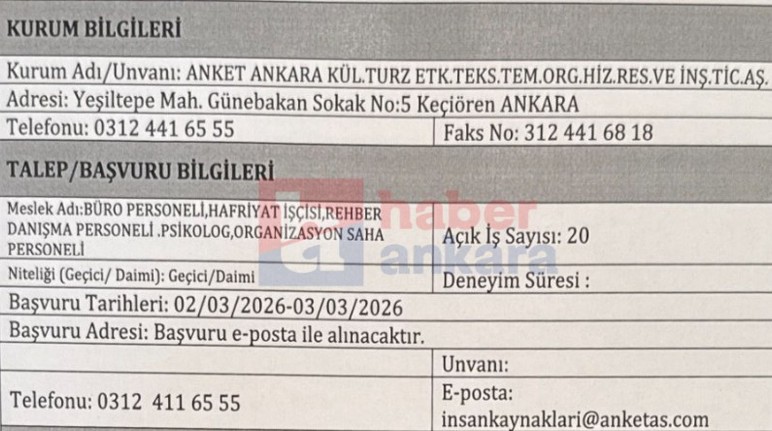 Anket Ankara, 5 farklı meslekte KPSS'siz 20 personel alacak!