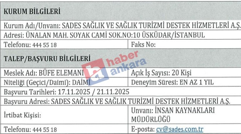 Etimesgut'ta Devlet Hastanesine daimi çalışacak 20 büfe elemanı alınacak