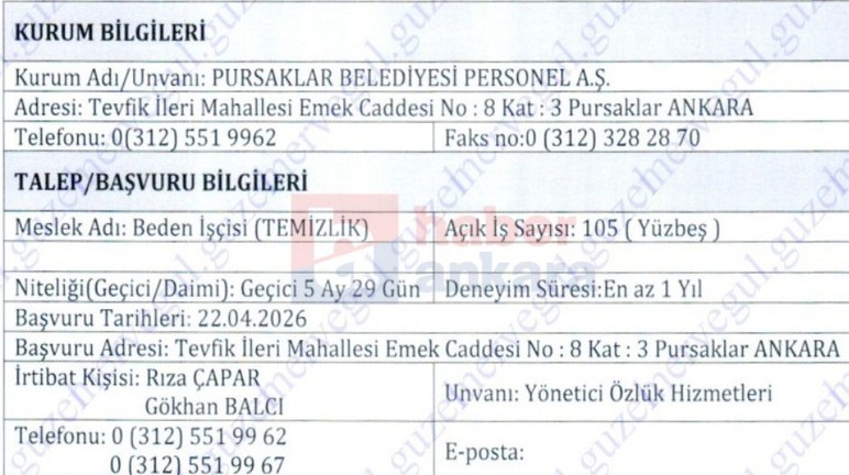 Pursaklar Belediyesi 190 temizlik işçisi alımı yapacak - Resim : 2