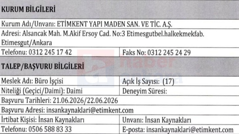 Etimesgut'ta kamu şirketine 89 işçi alımı yapılacak