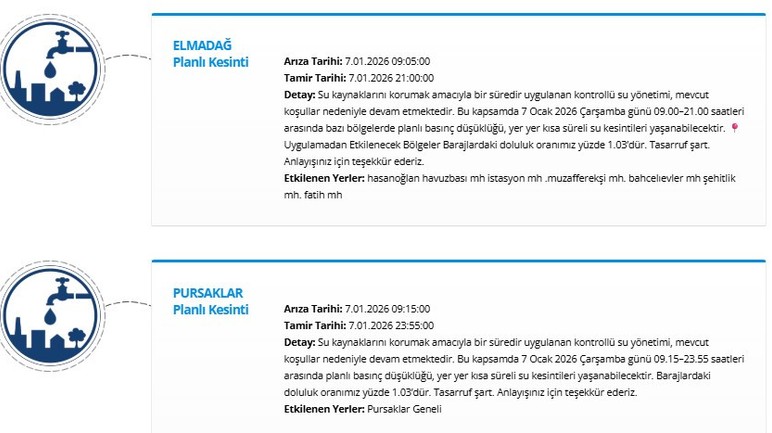Ankara'da 7 ilçede ve çok sayıda mahallede su kesintisi duyuruldu
