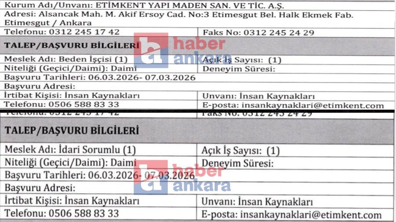 Etimesgut'ta idari sorumlu ve işçi alımı yapılacak: Başvurular 7 Mart'ta son