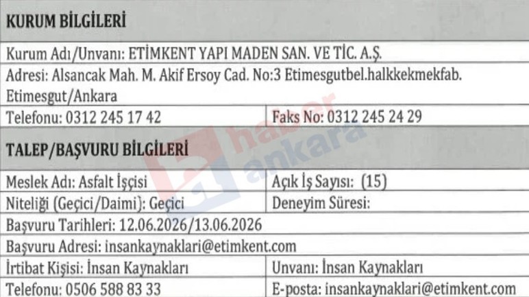 Etimesgut'ta 15 asfalt işçisi alınacak!