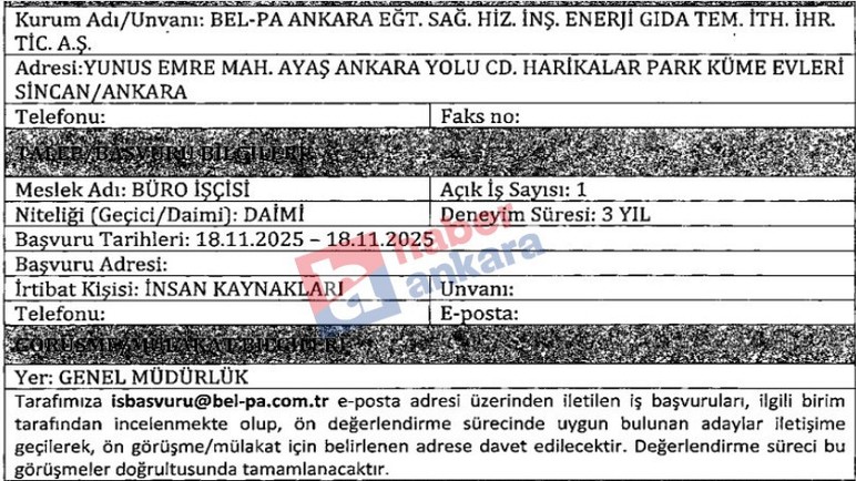 Bel-Pa Ankara'dan yeni büro işçisi alım ilanı geldi!