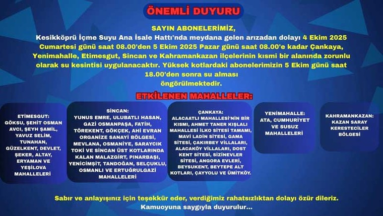 ASKİ duyurdu: Ankara'da 5 ilçede zorunlu su kesintisi uygulanacak!