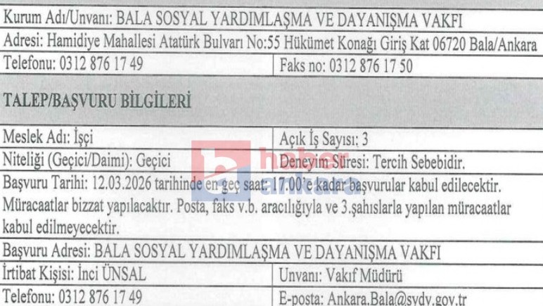 Ankara'da sosyal yardımlaşma ve dayanışma vakfına işçi alınacak