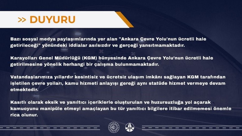 Ankara Çevre Yolu'nun ücretli olacağı iddiası hakkında resmi açıklama