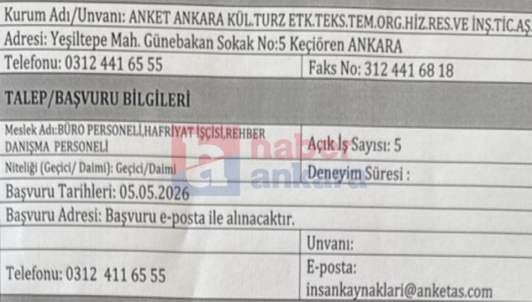 Anket Ankara 3 farklı meslekte işçi alımı yapacak!