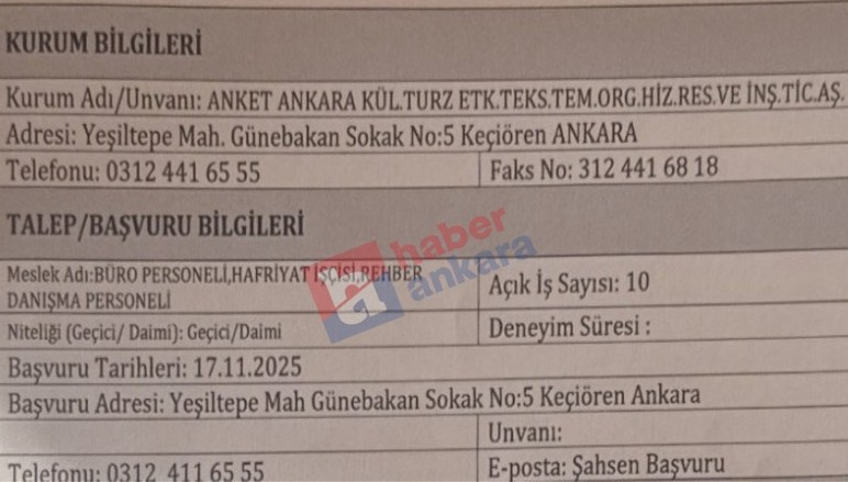 Anket Ankara işçi, büro memuru ve danışma personeli alacak