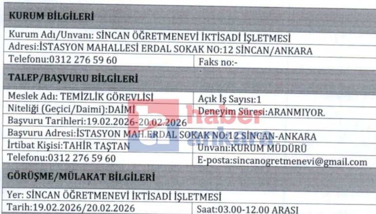 Sincan'da deneyim şartsız temizlik görevlisi alımı yapılacak