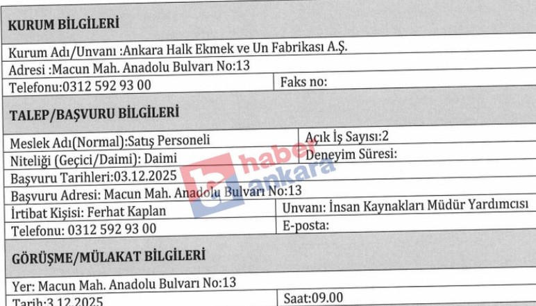 Ankara Halk Ekmek vardiyalı çalışabilecek satış personeli alacak