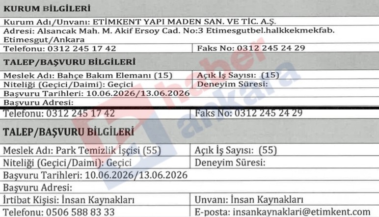 Etimesgut'ta kamu şirketine 70 geçici işçi alımı yapılacak!