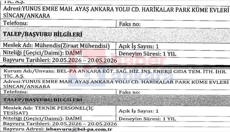 Başkentte ziraat mühendisi ve tesisat personeli alınacak!