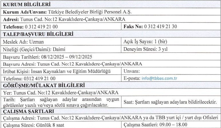 Başkentte Türkiye Belediyeler Birliği'ne daimi uzman alımı yapılacak
