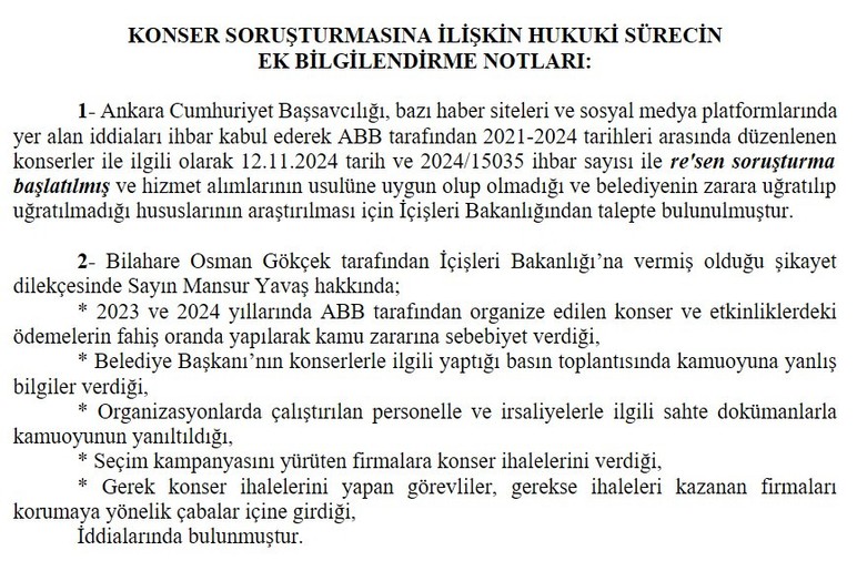ABB'den konser soruşturmasına ilişkin ek bilgilendirme notu!