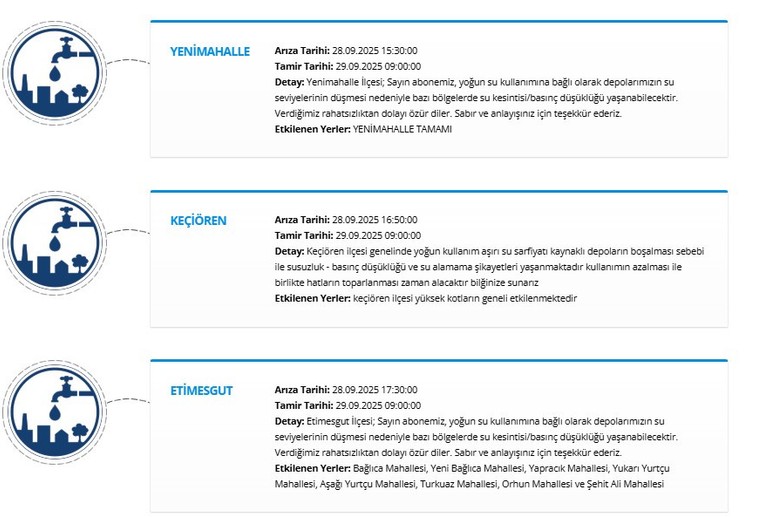 ASKİ duyurdu: Keçiören, Yenimahalle, Sincan ve Etimesgut’ta su kesintisi başladı