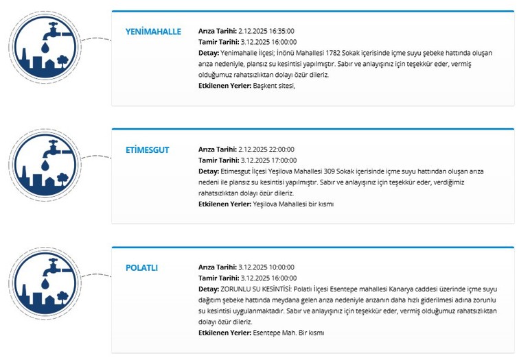 Ankara'da bugün su kesintisi yapılacak olan mahalleler açıklandı