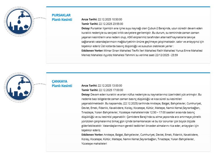 ASKİ duyurdu: Ankara'da kuraklık ve nüfus artışı nedeniyle bazı ilçelerde su kesintisi uygulanacak!