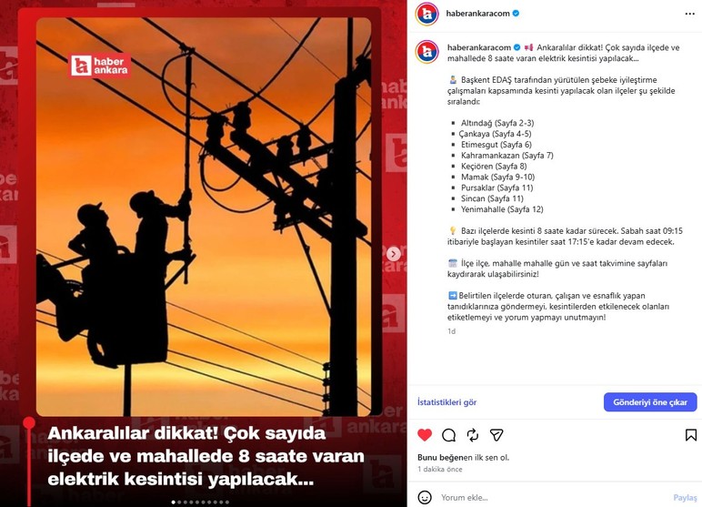 Ankara'da 9 ilçede şebeke iyileştirme çalışması nedeniyle elektrik kesintisi yapılacak! - Resim : 3