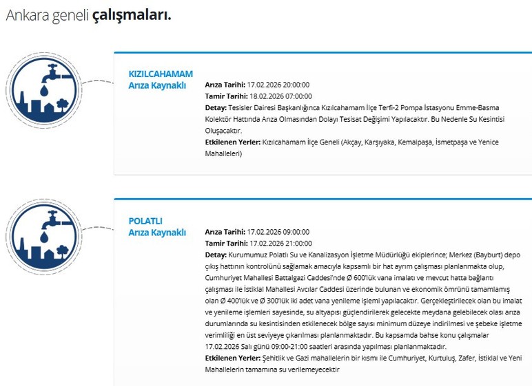 ASKİ'den Kızılcahamam ve Polatlı'da 12 saatlik su kesintisi!