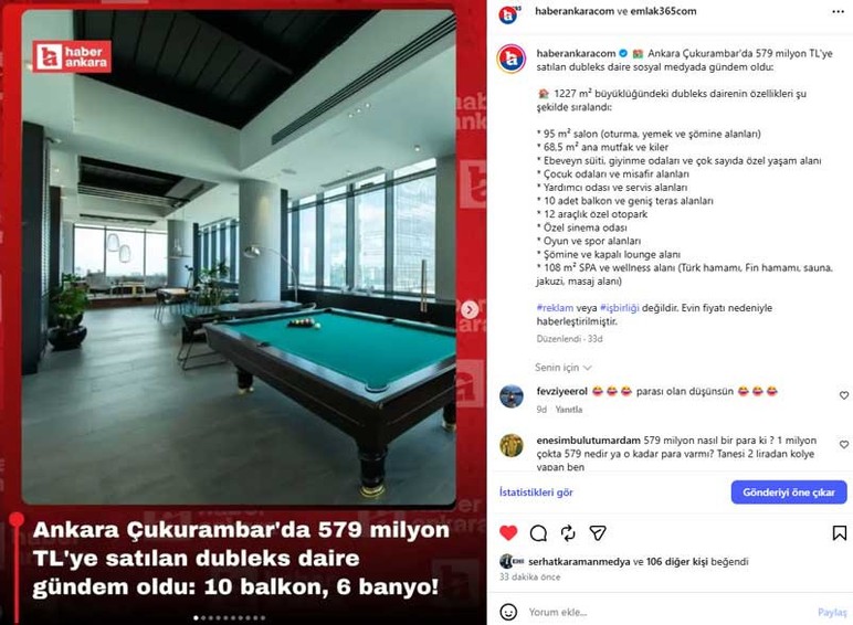 Ankara Çukurambar'da 579 milyon liraya satılan dubleks ev gündem oldu