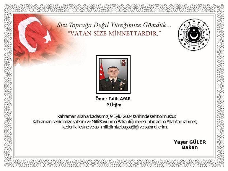 MSB Piyade Üsteğmen Ömer Fatih Ayar'ın şehit olduğunu açıkladı