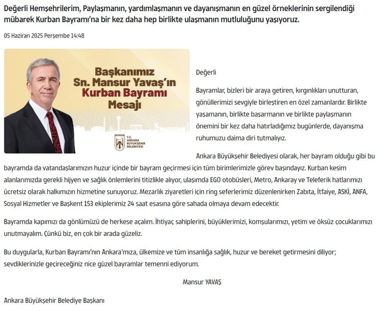 Mansur Yavaş'tan bayram mesajı: Kapımızı da gönlümüzü de herkese açalım