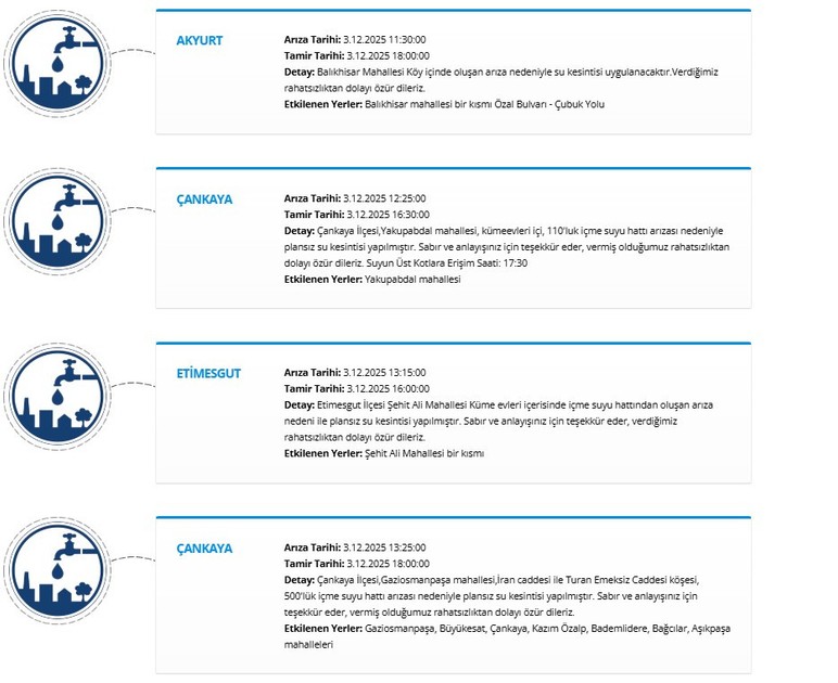 Ankara'da bugün su kesintisi yapılacak olan mahalleler açıklandı - Resim : 2
