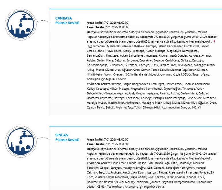 Ankara'da 7 ilçede ve çok sayıda mahallede su kesintisi duyuruldu - Resim : 5