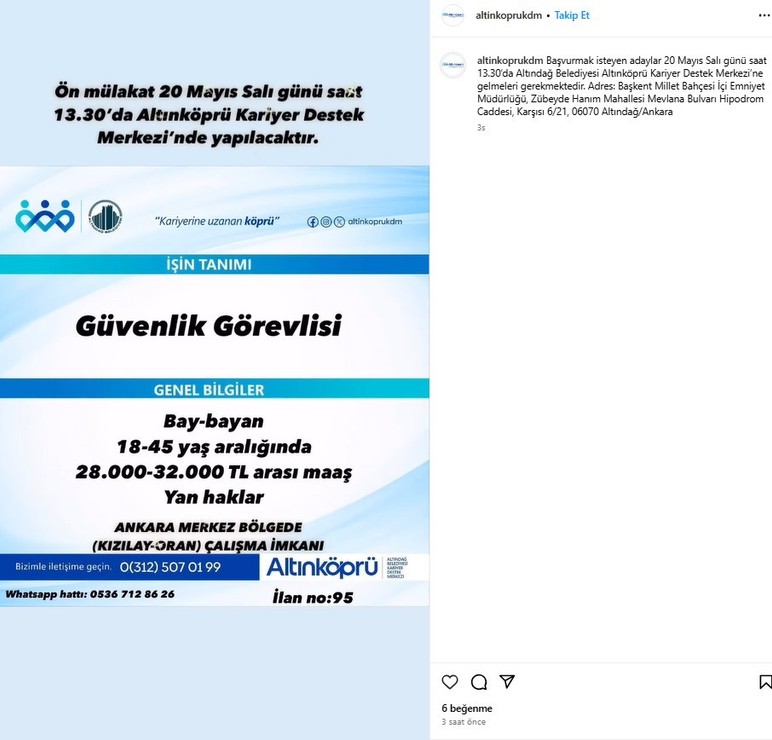 Altındağ Belediyesi Altınköprü özel bir firmaya ait güvenlik görevlisi ilanını yayımladı