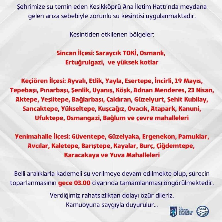 ASKİ'den 3 ilçe için zorunlu su kesintisi duyurusu!