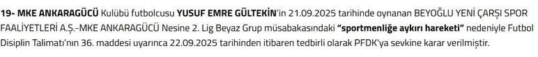 Ankaragücü'nden Yusuf Emre Gültekin PFDK'ya sevk edildi