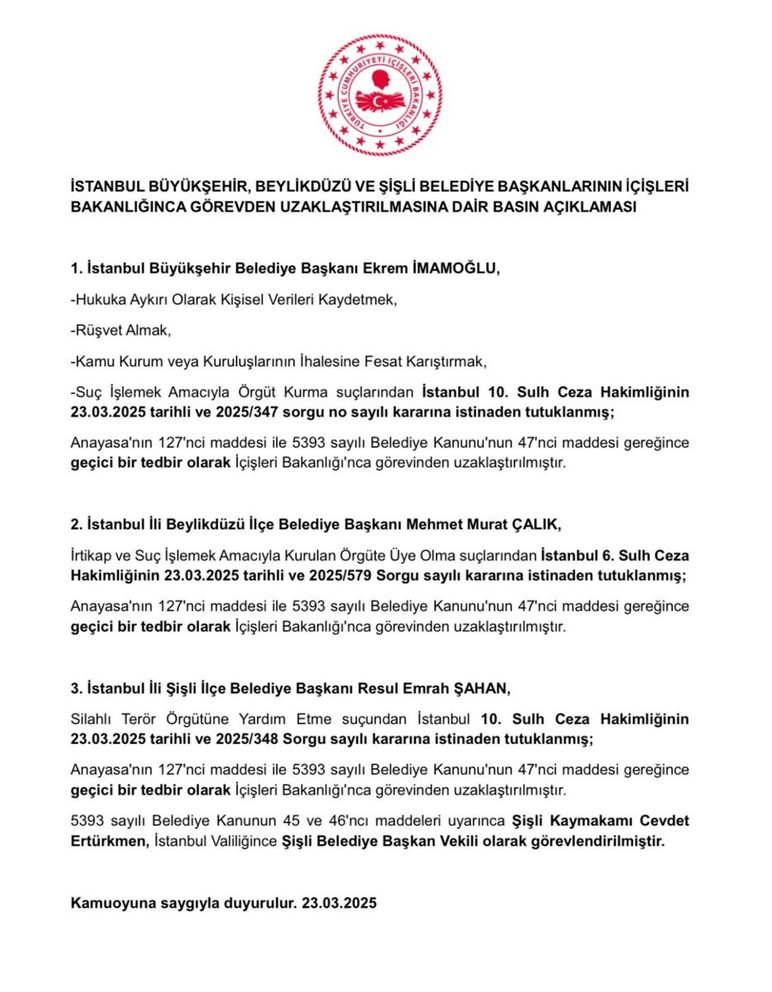 Bakanlık açıkladı: İmamoğlu görevden uzaklaştırıldı