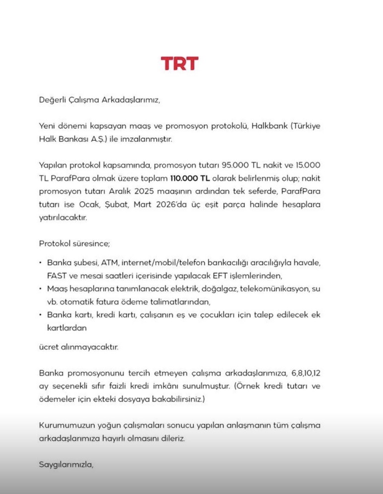 Halkbank ile TRT anlaştı! 110 Bin TL maaş promosyonu ödenecek!